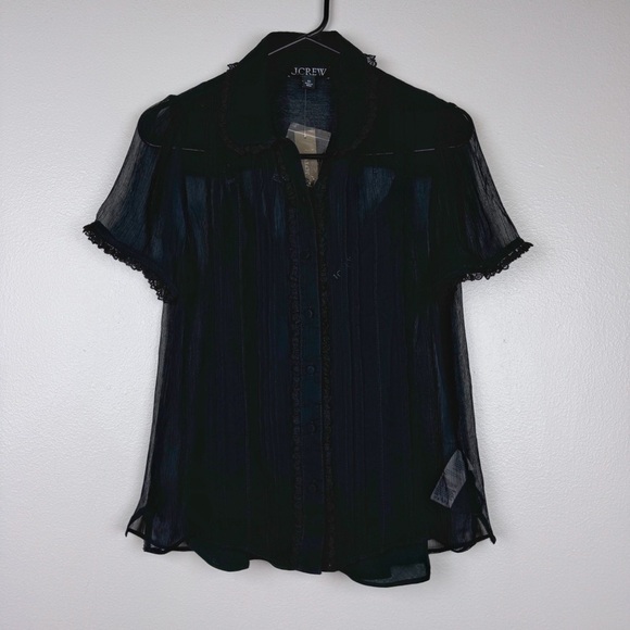 J. Crew Sheer Lace-Trim Button-Up Shirt Black Size 00/XXS NWT - Picture 2 of 6